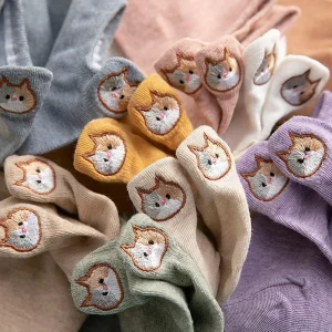 5 Pair Animal Embroidery Ankle Socks Women Cute Cat Summer Short Socks Set Cartoon Kawaii Soft Brand Designer Sokken