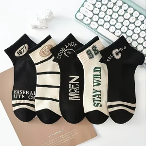 5 Pairs Women's Breathable Summer Ankle Socks – Stylish Letter & Striped, Polyester-Spandex Blend for Daily Outdoor Wear