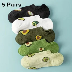 5 Pairs Avocado Crew Ankle Socks Cartoon Fresh Fashion Breathable Summer And Autumn Kawaii Comforts Women's Low Cut Boat Socks