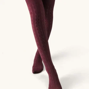 Burgundy Cable Knit Over-the-Knee Socks, Stretchy & Cozy Fit